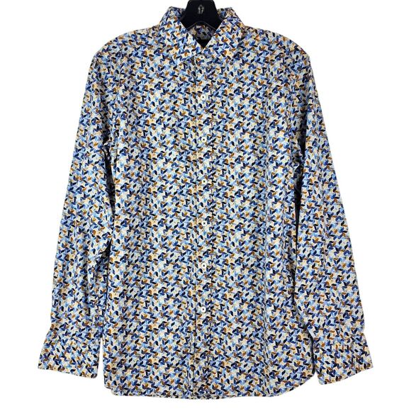 BUGATCHI Shirt Mens Medium White Multicolor Geometric Comfort Stretch Shaped Up - Picture 1 of 9